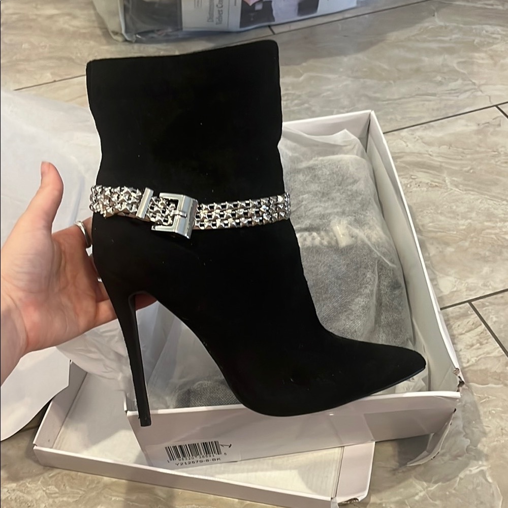 New in box size 8 black heels silver chain buckle Venus bootie boots stiletto